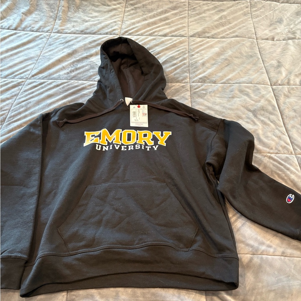 Champion Black Hoodie with Yellow Emory University Logo